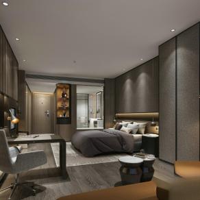 现代酒店客房 书桌椅组合 双人床 抱枕 沙发 茶几 落地灯